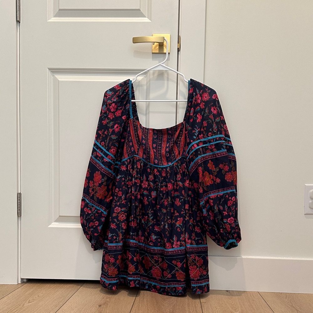 Free People Navy and Red Floral Blouse